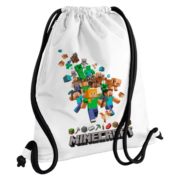 Minecraft adventure — Τσάντα πλάτης πουγκί GYMBAG λευκή, με τσέπη (40x48cm) & χονδρά κορδόνια