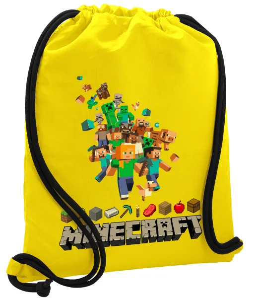Minecraft adventure — Backpack pouch GYMBAG Yellow, with pocket (40x48cm) & thick cords