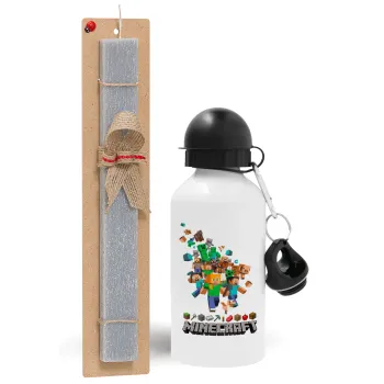 Minecraft adventure, Easter Set, metallic aluminum water bottle (500ml) & aromatic flat Easter candle (30cm) (GRAY)