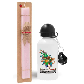 Minecraft adventure, Πασχαλινή Λαμπάδα με παγούρι μεταλλικό αλουμινίου (500ml) & κερί αρωματικό πλακέ (30cm) (ΡΟΖ)