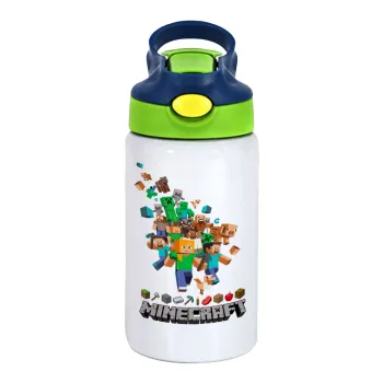 Minecraft adventure, Children's hot water bottle, stainless steel, with safety straw, green, blue (350ml)