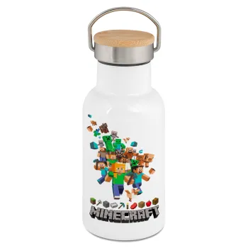 Minecraft adventure, Μεταλλικό παγούρι θερμός (Stainless steel) Λευκό με ξύλινο καπακι (bamboo), διπλού τοιχώματος, 350ml