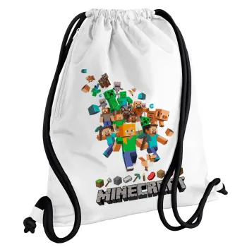 Minecraft adventure, Backpack pouch GYMBAG white, with pocket (40x48cm) & thick cords
