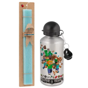 Minecraft adventure, Easter Set, metallic silver aluminum water bottle (500ml) & scented flat Easter candle (30cm) (TURQUOISE)
