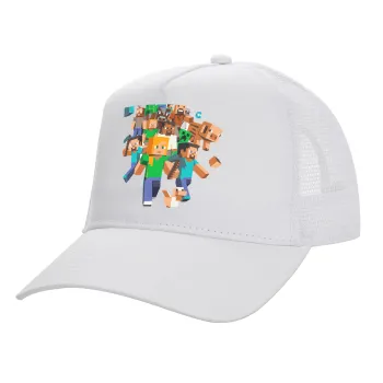 Minecraft adventure, Structured Trucker Adult Hat, with Mesh, WHITE (100% COTTON, ADULT, UNISEX, ONE SIZE)