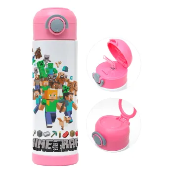 Minecraft adventure, Children's hot water bottle, stainless steel, with safety straw, PINK (500ml)