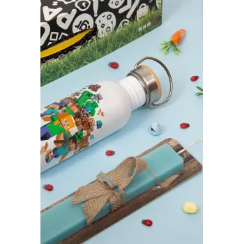 Minecraft adventure, Easter Set, metallic silver aluminum water bottle (500ml) & scented flat Easter candle (30cm) (TURQUOISE)