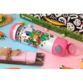 Minecraft adventure, Easter candle, Childrens hot water bottle, stainless steel, with safety straw, PINK (500ml)