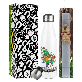 Minecraft adventure, Easter candle, metallic white thermos bottle (500ml) & aromatic flat candle (30cm) (GRAY)