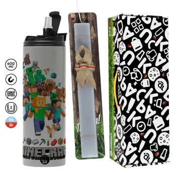 Minecraft adventure, Easter candle with Grey Tumbler Thermo 600ml & aromatic flat candle (30cm) (GREY)