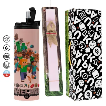 Minecraft adventure, Easter candle,Travel Tumbler 2 Lids, with metal straw & cleaning brush & aromatic flat candle (30cm) (PINK)