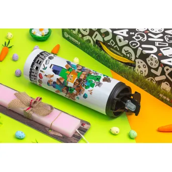 Minecraft adventure, Easter candle,Travel Tumbler 2 Lids, with metal straw & cleaning brush & aromatic flat candle (30cm) (PINK)