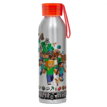 Minecraft adventure, Αλουμινένιο Αθλητικό Μπουκάλι 650ml – Ασημί με Κόκκινο Καπάκι και Λουράκι Σιλικόνης