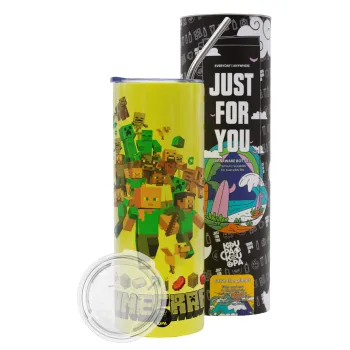 Minecraft adventure, Neon Yellow Travel Tumbler, with metal straw (Stainless steel 304 Food grade, BPA free, 600ml)