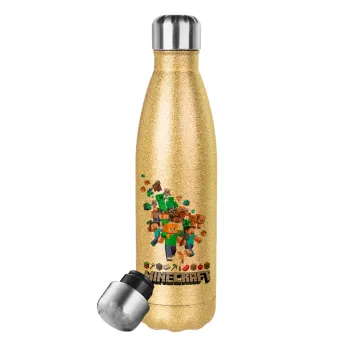 Minecraft adventure, Glitter gold stainless steel thermos bottle, double-walled, 500ml