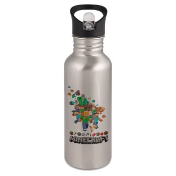 Minecraft adventure, Παγούρι νερού Ασημένιο με καλαμάκι, ανοξείδωτο ατσάλι 600ml