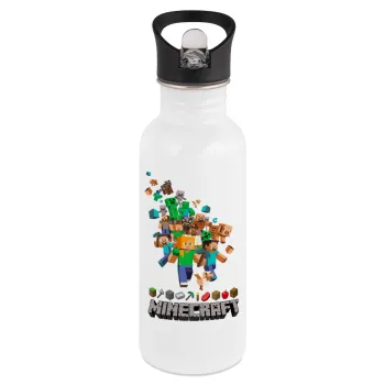 Minecraft adventure, White water bottle with straw, stainless steel 600ml