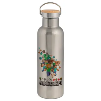 Minecraft adventure, Stainless steel Silver with wooden lid (bamboo), double wall, 750ml