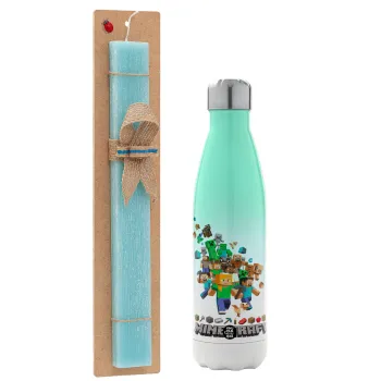Minecraft adventure, Easter Set, Metallic green/white thermos (Stainless steel), double-walled, 500ml & scented flat Easter candle (30cm) (TURQUOISE)