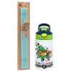 Easter Set, Children's thermal stainless steel bottle with safety straw, green/blue (350ml) & aromatic flat Easter candle (30cm) (TURQUOISE)