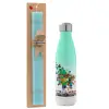 Easter Set, Metallic green/white thermos (Stainless steel), double-walled, 500ml & scented flat Easter candle (30cm) (TURQUOISE)
