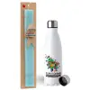Easter Set, metallic stainless steel water bottle (750ml) & aromatic flat Easter candle (30cm) (TURQUOISE)