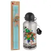 Easter Set, metallic silver aluminum water bottle (500ml) & scented flat Easter candle (30cm) (TURQUOISE)