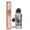 Easter Set, metallic Silver aluminum water bottle (500ml) & scented flat Easter candle (30cm) (PINK)