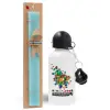 Easter Set, metallic aluminum water bottle (500ml) & scented flat candle (30cm) (TURQUOISE)
