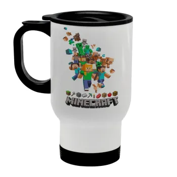 Minecraft adventure, Stainless steel travel mug with lid, double wall white 450ml