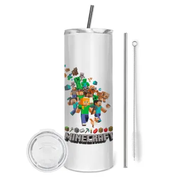Minecraft adventure, Tumbler ποτήρι θερμό από ανοξείδωτο ατσάλι 600ml, με μεταλλικό καλαμάκι & βούρτσα καθαρισμού