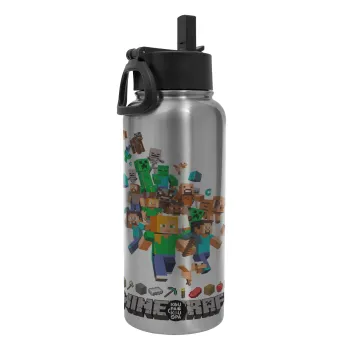 Minecraft adventure, Metal mug thermo Silver with Straw and Spout Lid (Stainless steel), double wall, 950ml