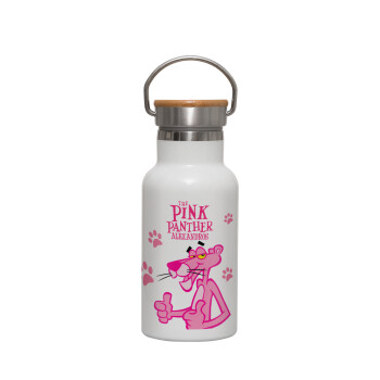 The pink panther, Μεταλλικό παγούρι θερμός (Stainless steel) Λευκό με ξύλινο καπακι (bamboo), διπλού τοιχώματος, 350ml