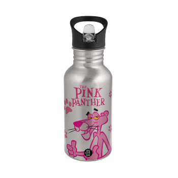 The pink panther, Water bottle Silver with straw, stainless steel 500ml