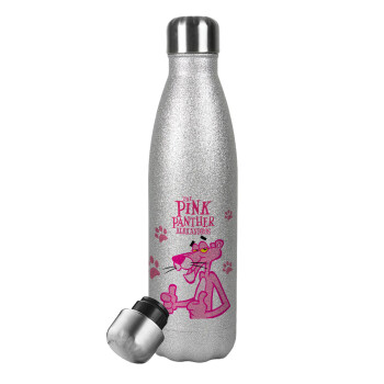 The pink panther, Metallic Glitter Silver Thermos Flask (Stainless steel), double-walled, 500ml