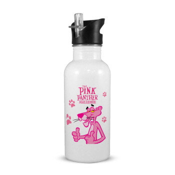 The pink panther, White water bottle with straw, stainless steel 600ml
