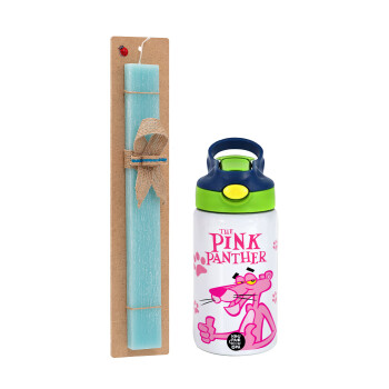 The pink panther, Easter Set, Children's thermal stainless steel bottle with safety straw, green/blue (350ml) & aromatic flat Easter candle (30cm) (TURQUOISE)