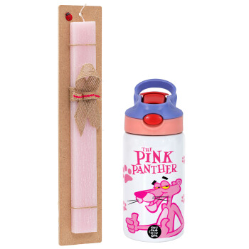 The pink panther, Πασχαλινό Σετ, Παιδικό παγούρι θερμό, ανοξείδωτο, με καλαμάκι ασφαλείας, ροζ/μωβ (350ml) & πασχαλινή λαμπάδα αρωματική πλακέ (30cm) (ΡΟΖ)