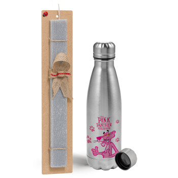 The pink panther, Easter Set, metallic Inox water bottle (750ml) & aromatic flat Easter candle (30cm) (GRAY)