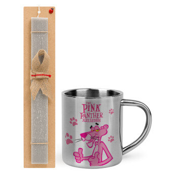 The pink panther, Easter Set, metallic thermal cup (300ml) & Easter aromatic flat candle (30cm) (GRAY)
