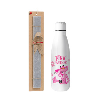 The pink panther, Easter Set, metallic stainless thermos bottle (500ml) & scented flat Easter candle (30cm) (GRAY)