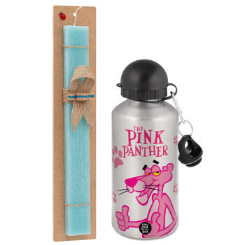 The pink panther, Easter Set, metallic silver aluminum water bottle (500ml) & scented flat Easter candle (30cm) (TURQUOISE)