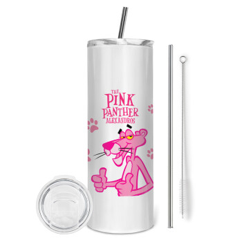 The pink panther, Eco friendly ποτήρι θερμό (tumbler) από ανοξείδωτο ατσάλι 600ml, με μεταλλικό καλαμάκι & βούρτσα καθαρισμού