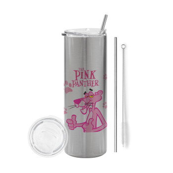 The pink panther, Tumbler ποτήρι θερμό Ασημένιο από ανοξείδωτο ατσάλι 600ml, με μεταλλικό καλαμάκι & βούρτσα καθαρισμού