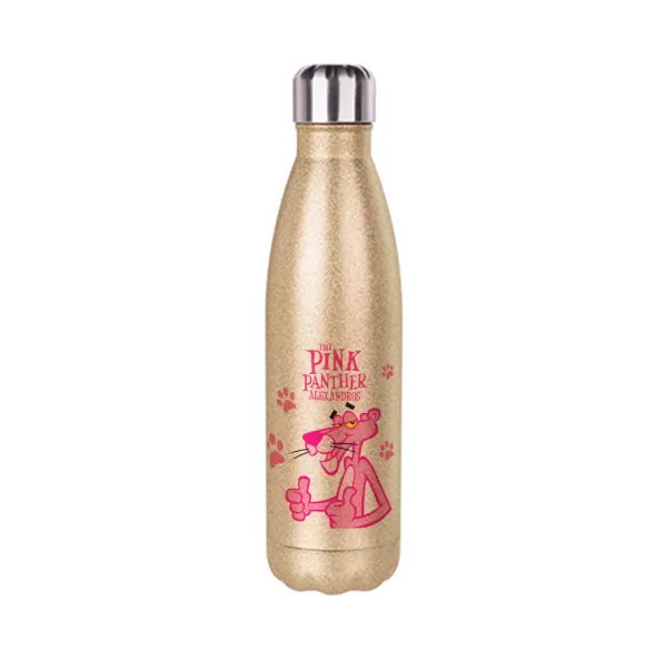 The pink panther — Glitter gold stainless steel thermos bottle, double-walled, 500ml