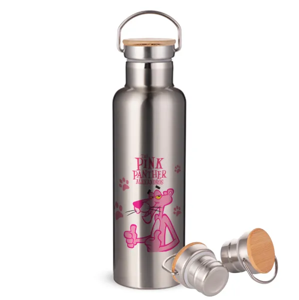 The pink panther — Stainless steel Silver with wooden lid (bamboo), double wall, 750ml
