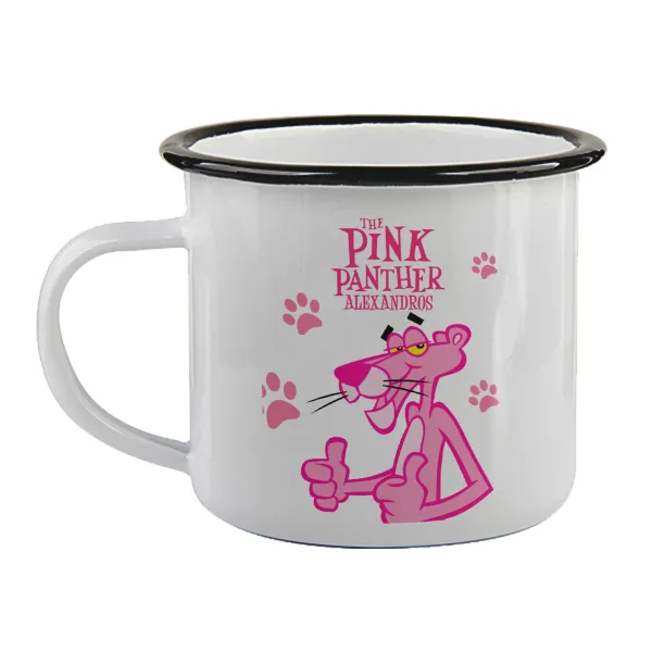 The pink panther — Enamel mug with black rim, 360ml