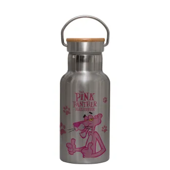 The pink panther, Stainless steel metallic thermos flask, silver with a bamboo lid, double-walled, 350ml.