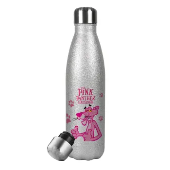 The pink panther, Metallic Glitter Silver Thermos Flask (Stainless steel), double-walled, 500ml