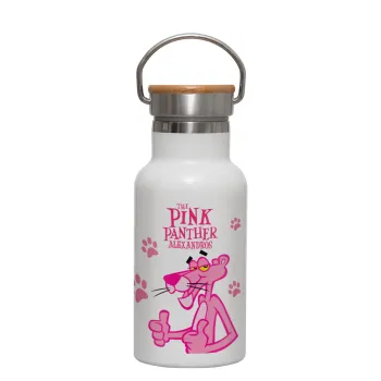 The pink panther, Μεταλλικό παγούρι θερμός (Stainless steel) Λευκό με ξύλινο καπακι (bamboo), διπλού τοιχώματος, 350ml